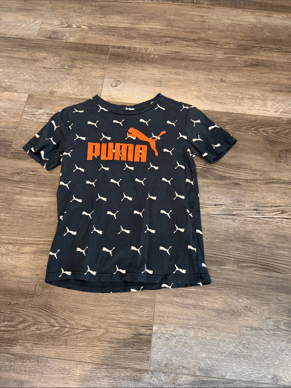 Puma Black Tee with Orange Logo and White Puma Prints